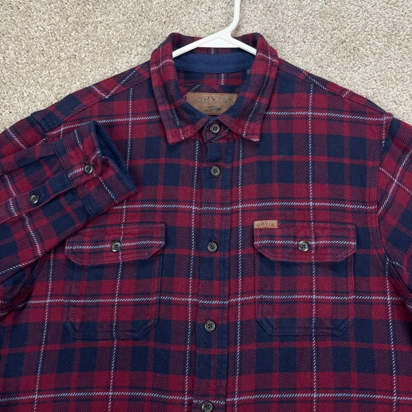 Orvis Heavy Flannel Shirt Jacket Mens Medium Shacket Red Blue Plaid Flap Pockets - Picture 1 of 8
